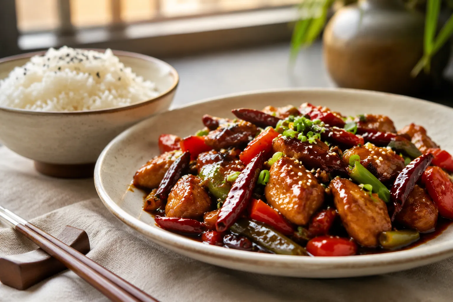 Plated Hunan chicken recipe served with jasmine rice and chopsticks