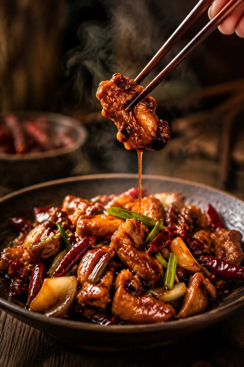 Chopsticks lifting a saucy bite of Hunan chicken from the bowl