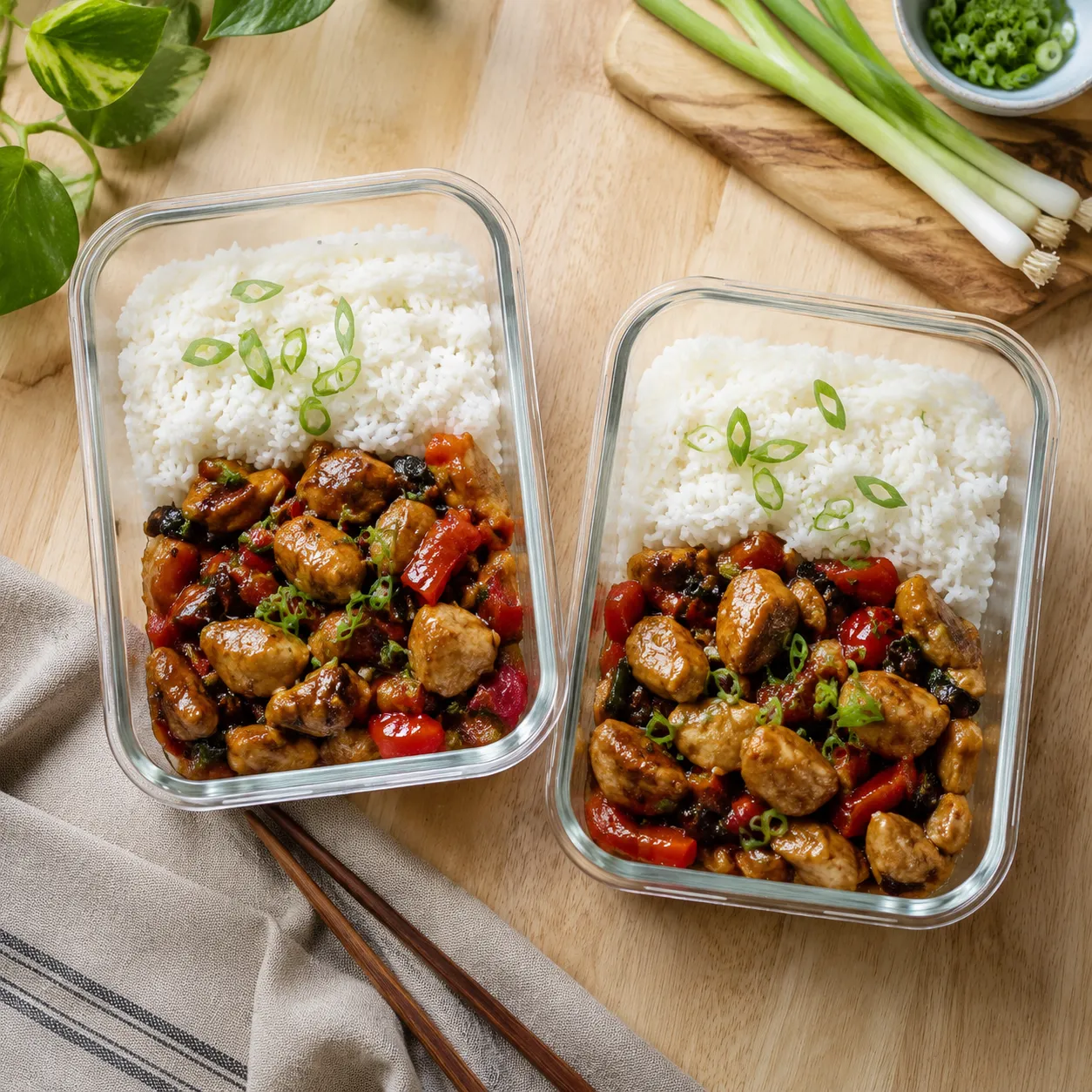 Hunan chicken leftovers stored in glass meal prep containers with rice