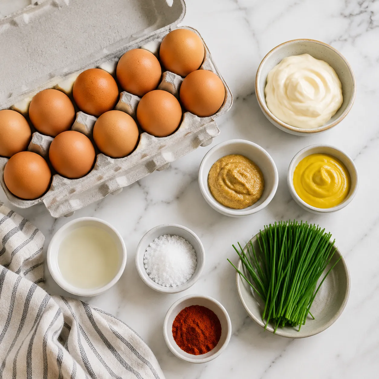 Deviled eggs recipe ingredients flatlay with eggs, mayo, mustard, and paprika