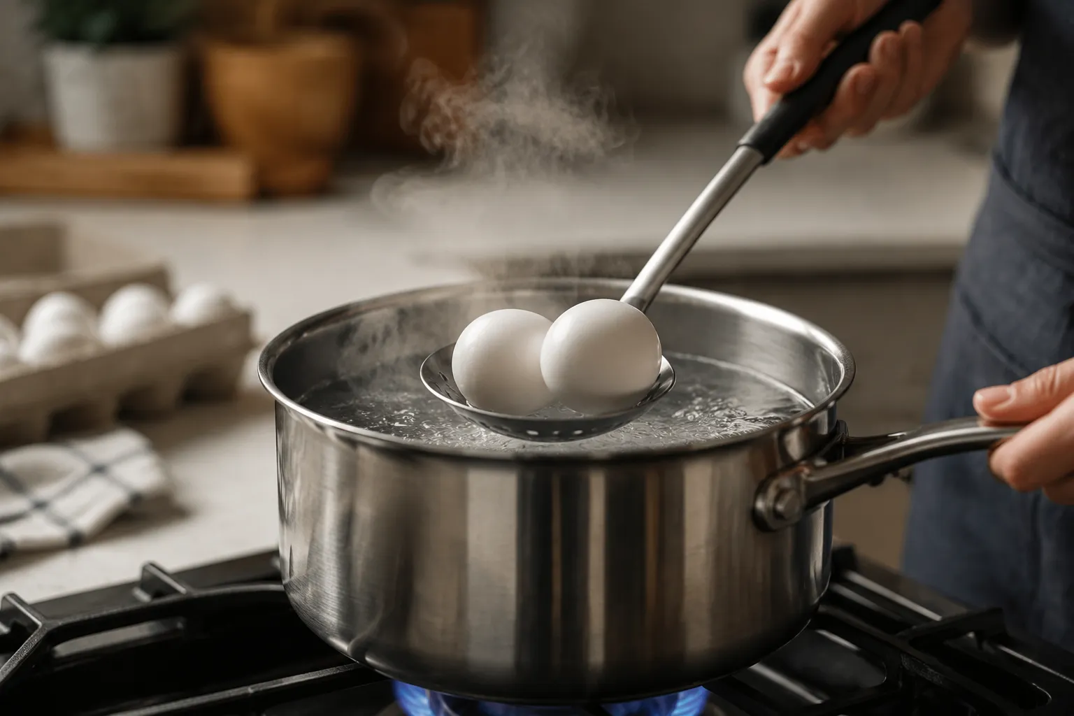 Lowering eggs into simmering water for deviled eggs recipe