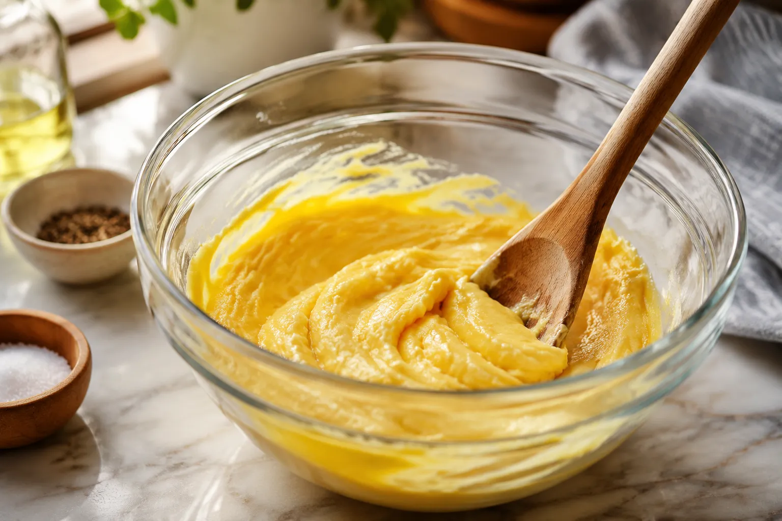 Mixing creamy filling for classic deviled egg recipe