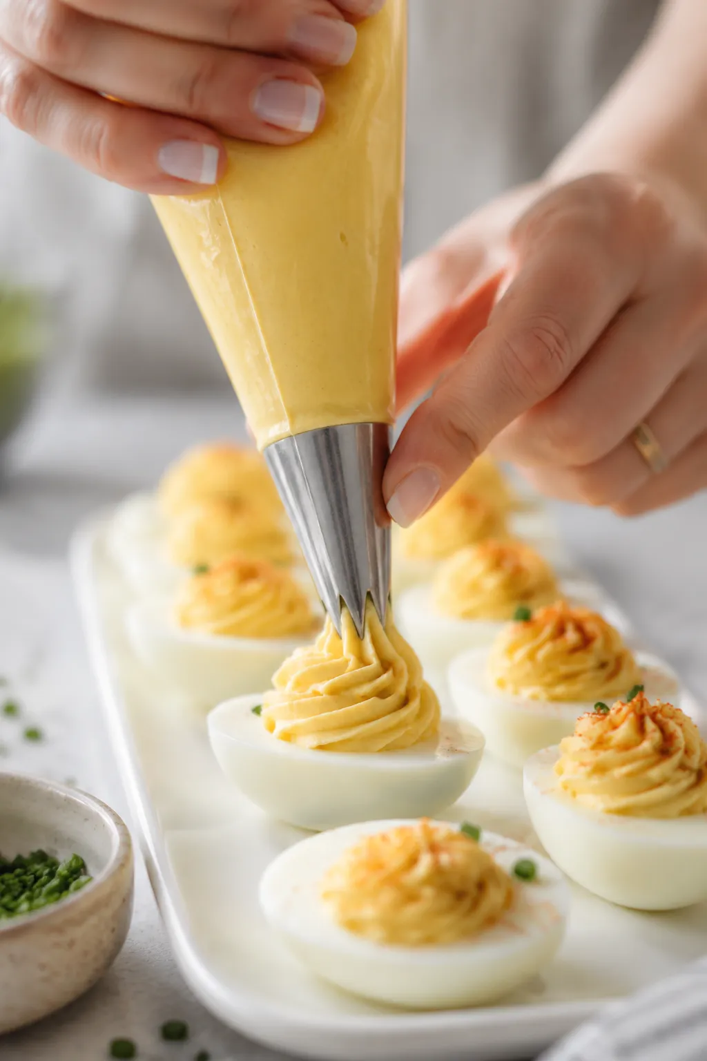 Piping creamy filling into egg whites for easy deviled eggs