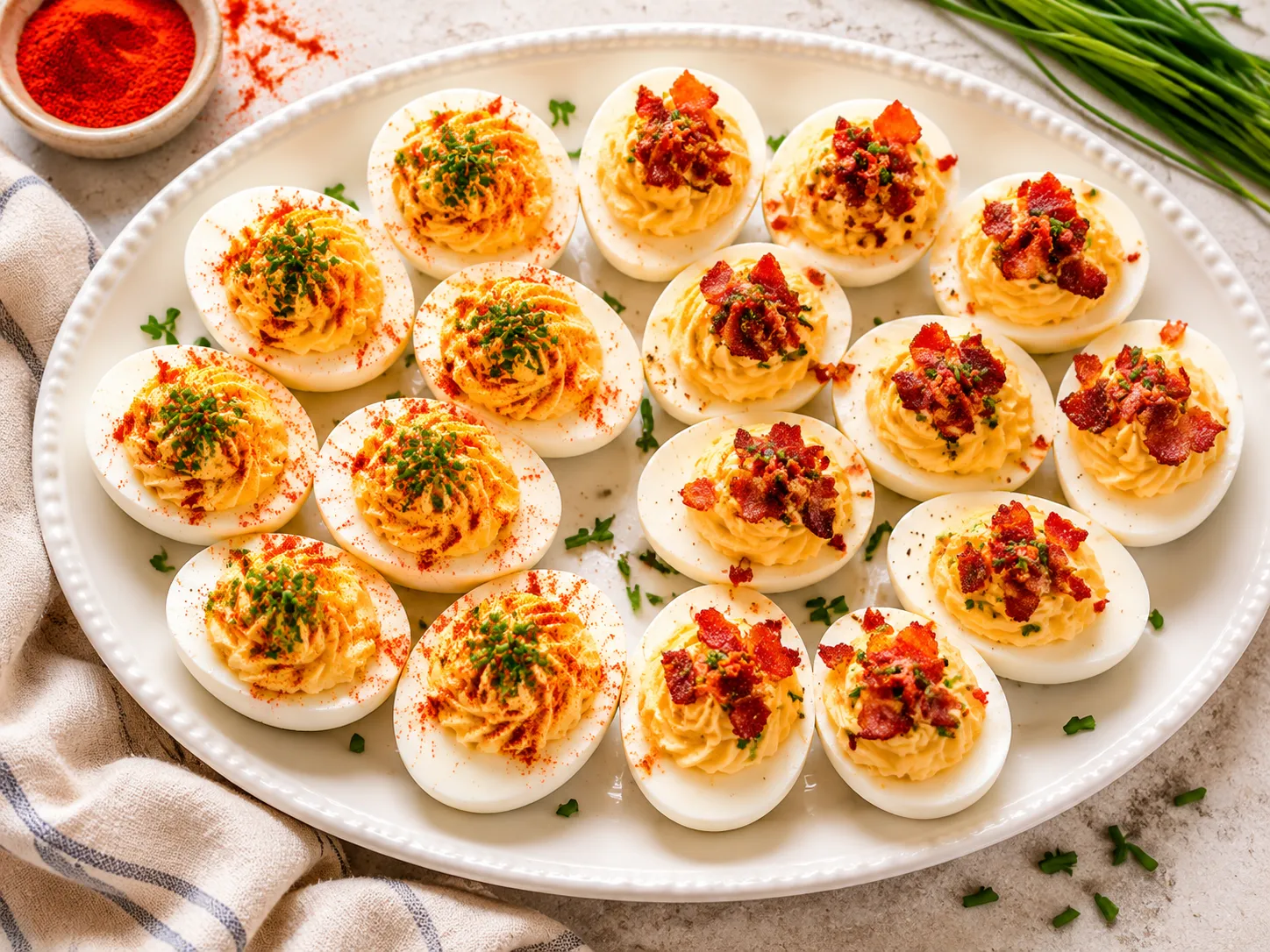 Finished deviled eggs recipe platter with paprika, chives, and bacon