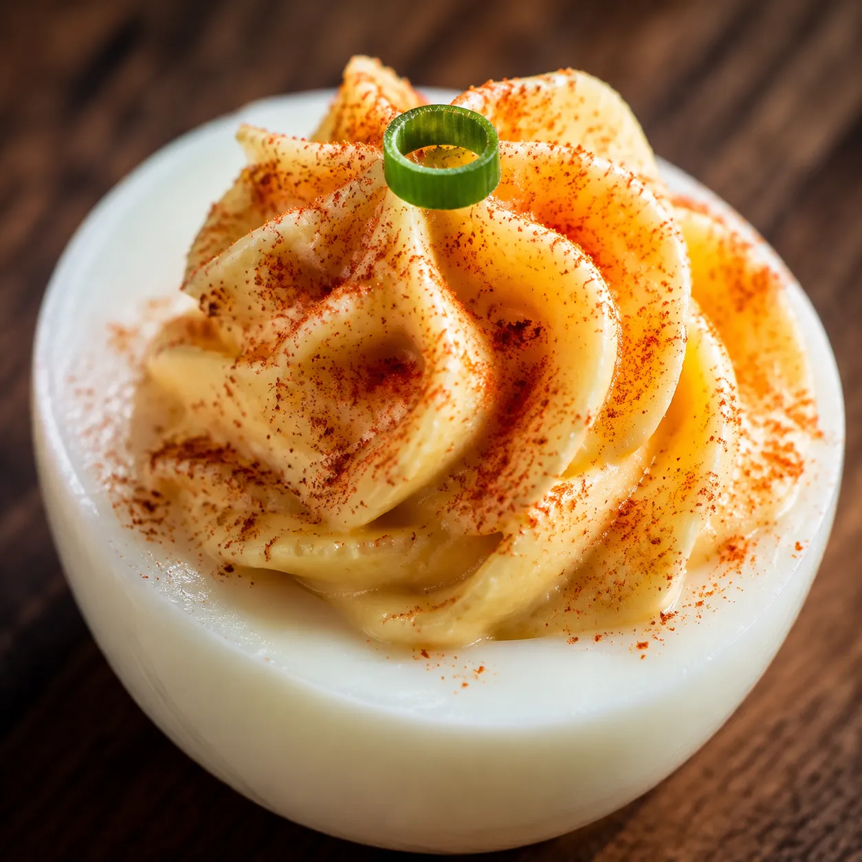 Close-up of one perfect deviled egg with paprika and chive garnish