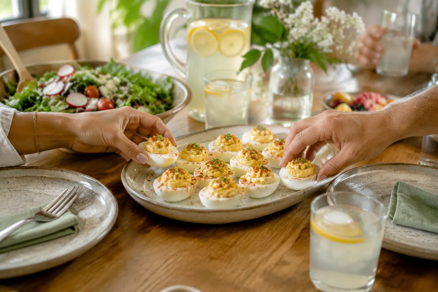 Deviled eggs recipe served on a brunch table for guests
