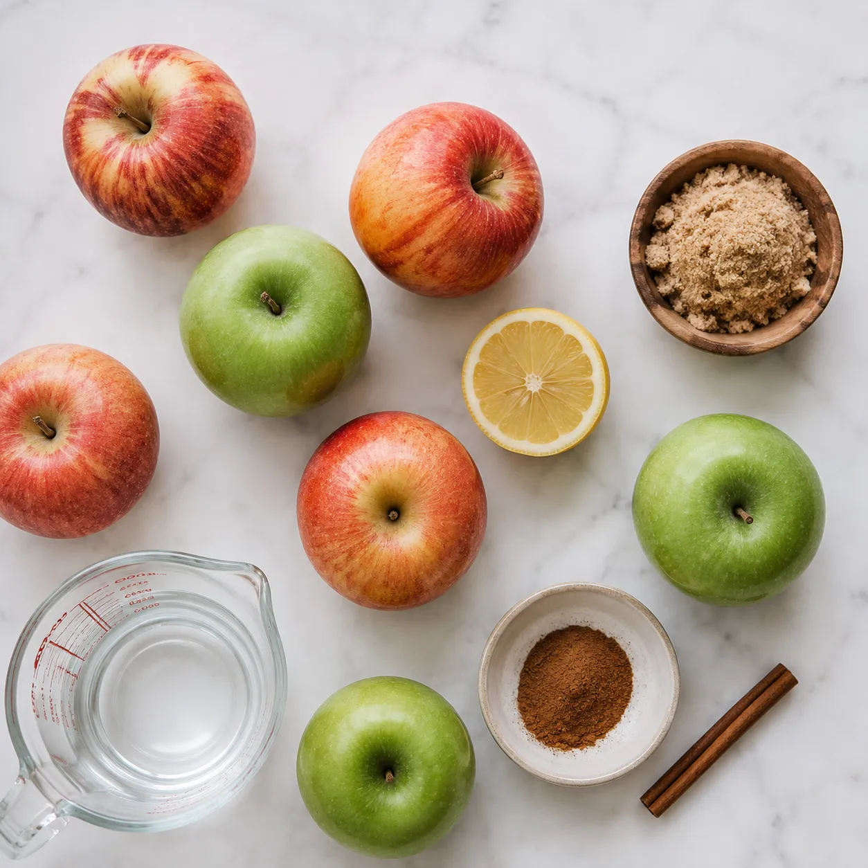 Ingredients for easy homemade applesauce recipe arranged on marble