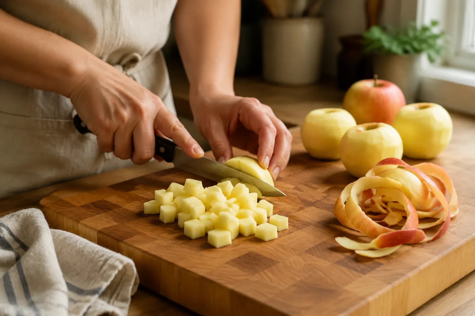 Peeling and chopping apples for applesauce recipe