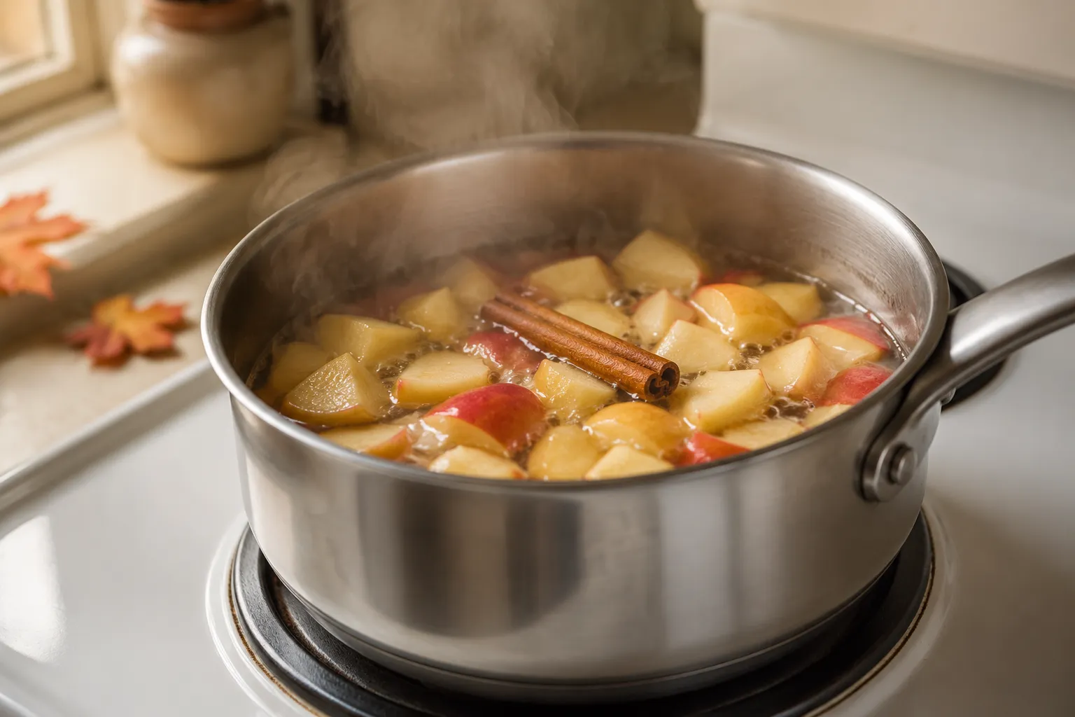 Apples simmering in a pot for homemade applesauce