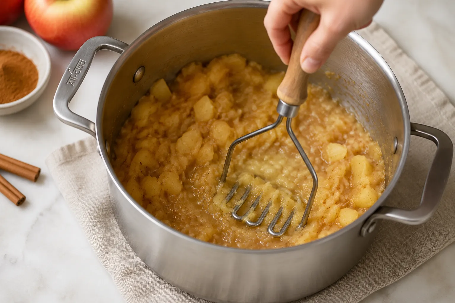 Mashing cooked apples into chunky homemade applesauce