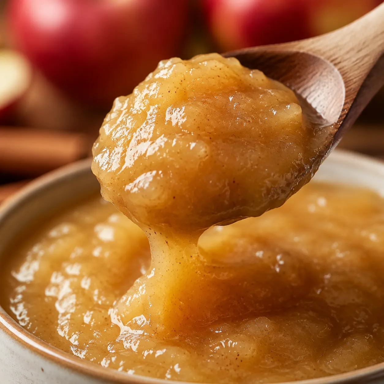 Close-up texture of homemade applesauce on a wooden spoon