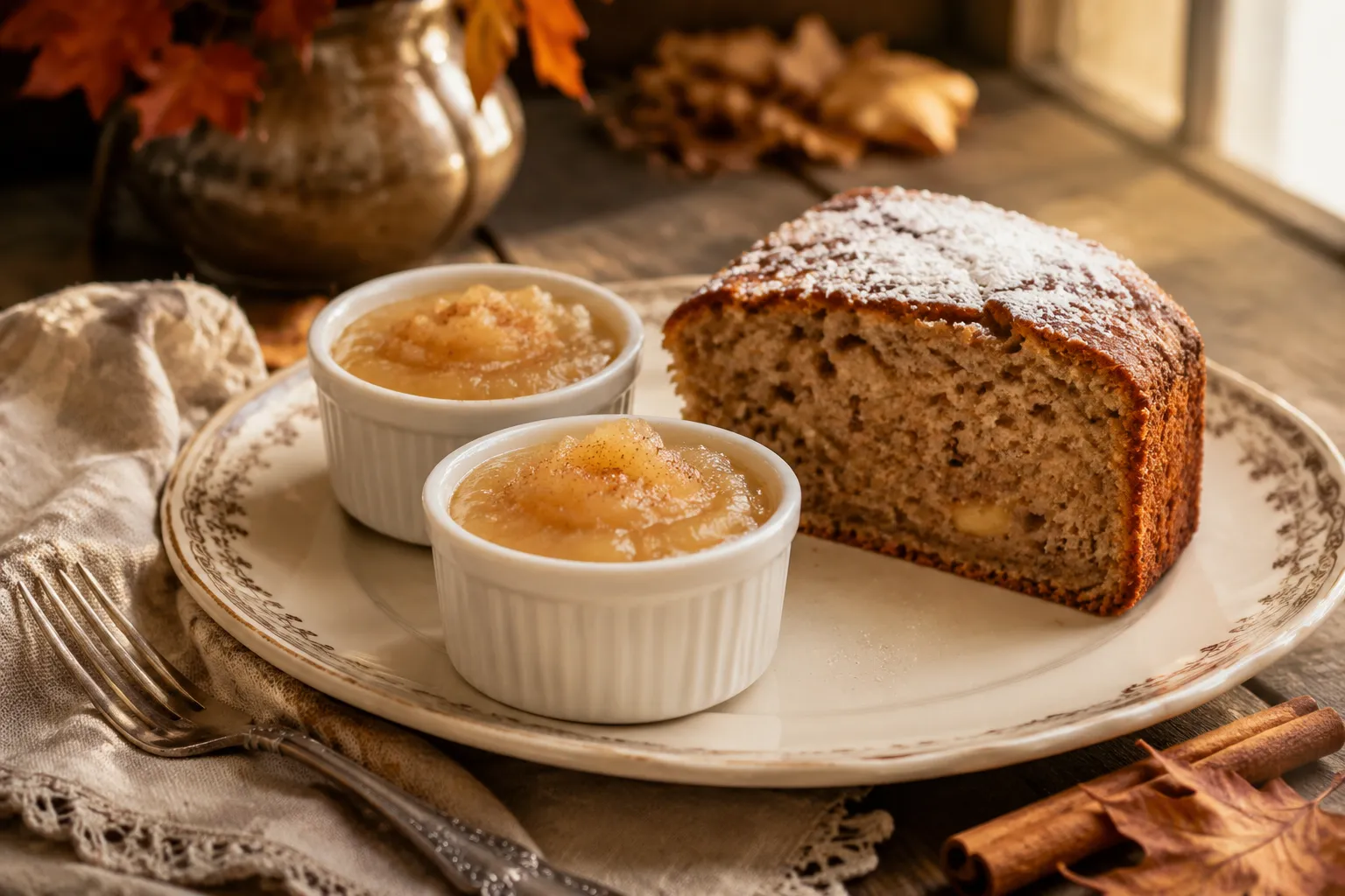 Homemade applesauce served alongside applesauce cake