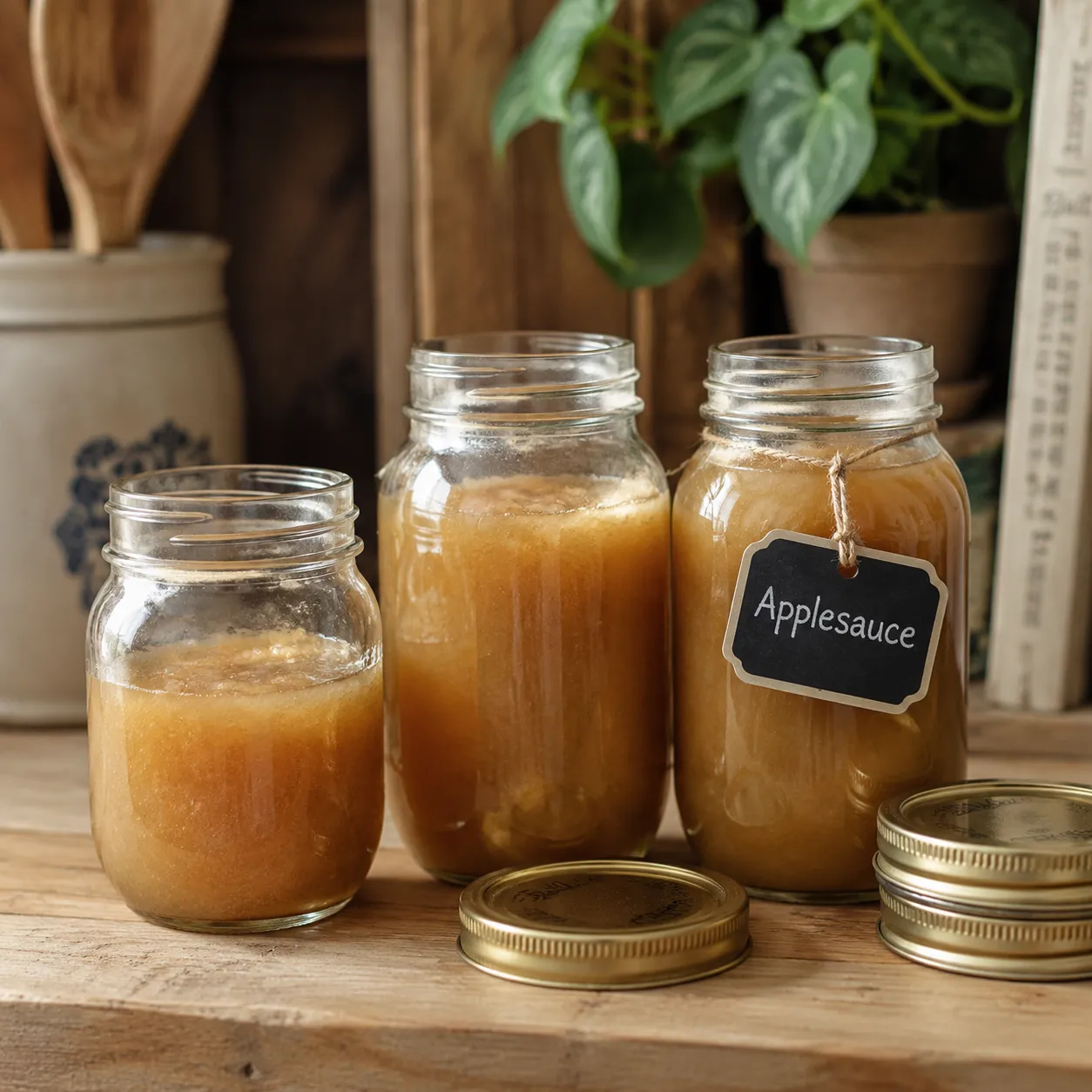 Mason jars of homemade applesauce ready for storage