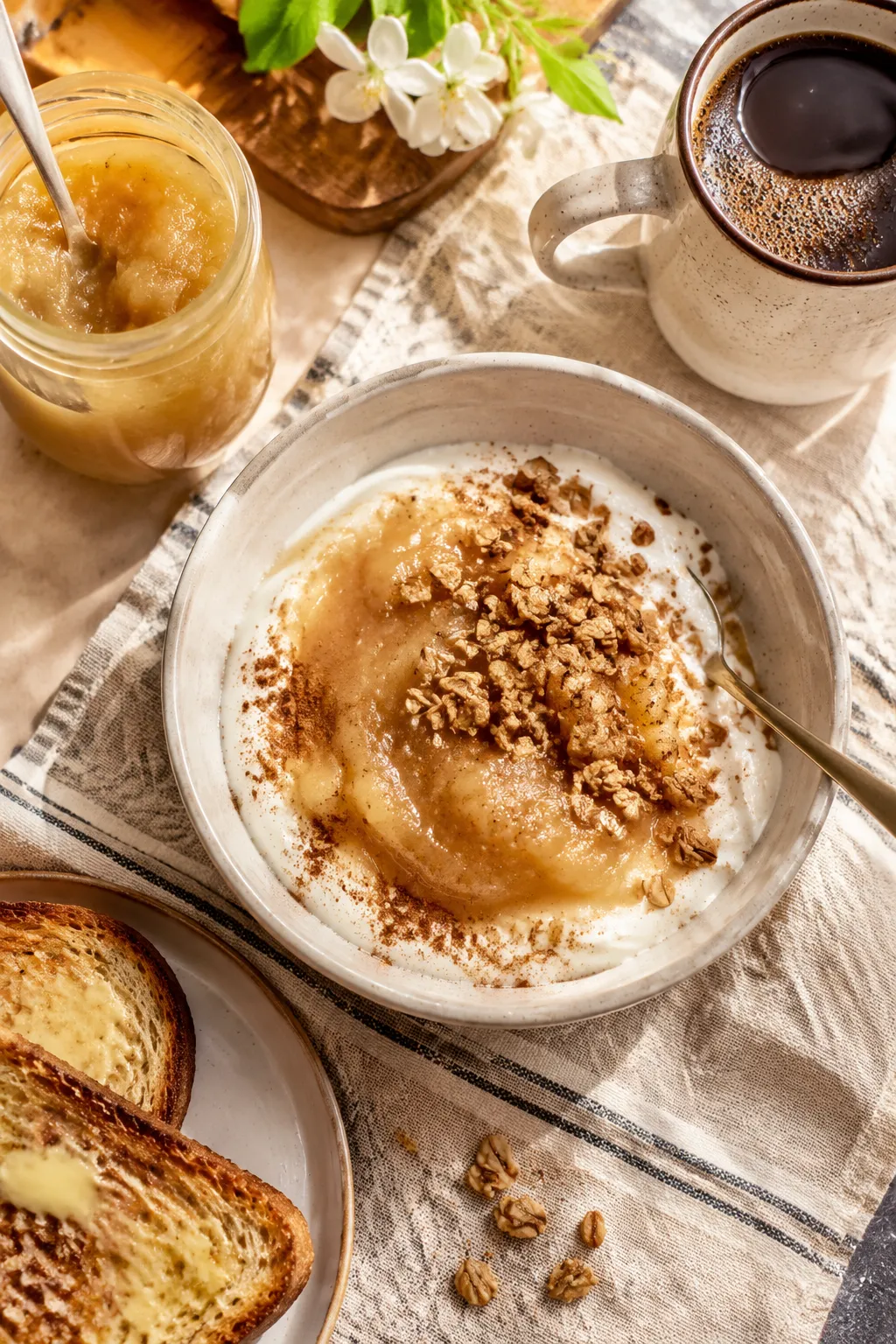 Homemade applesauce served over yogurt and granola for breakfast