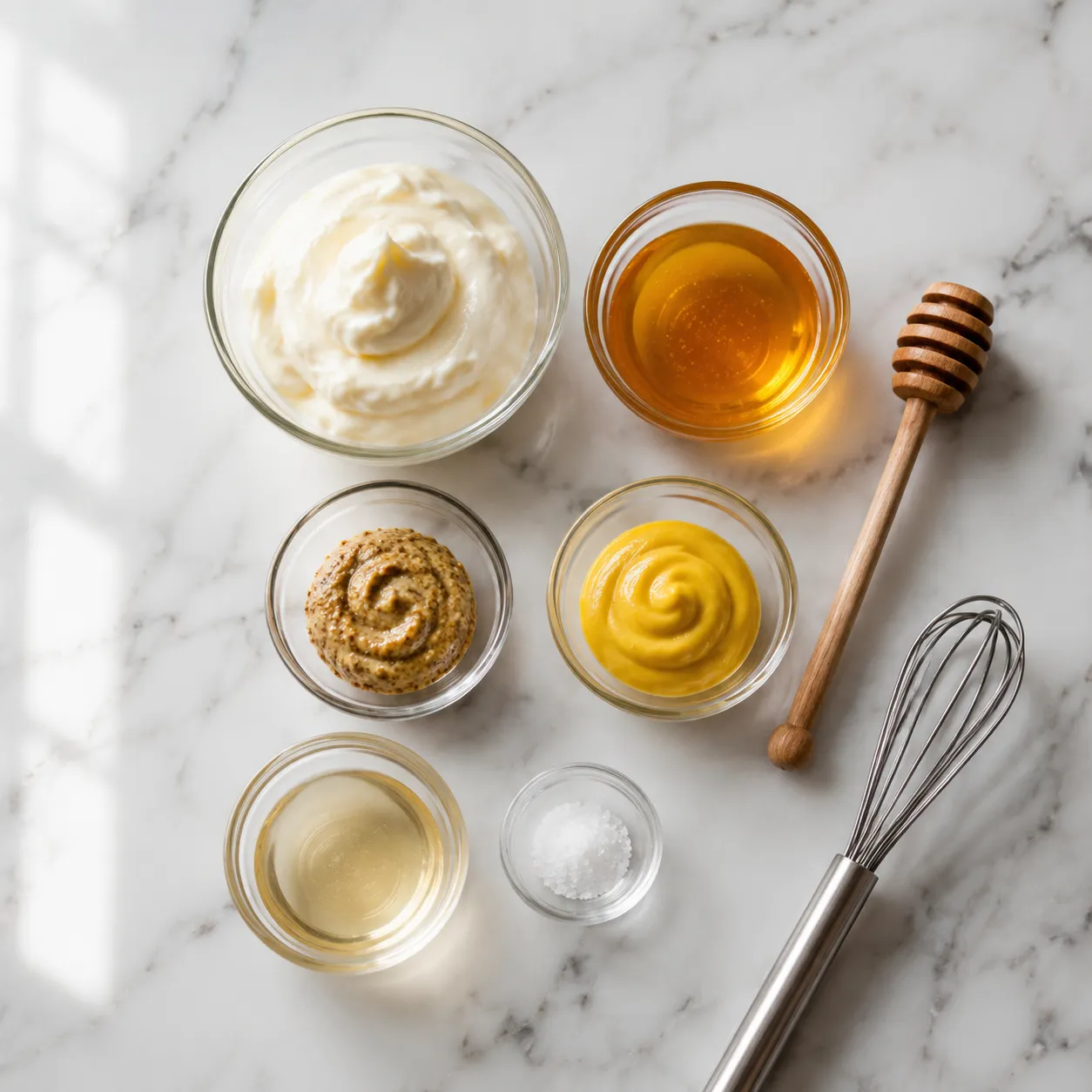 Ingredients for homemade honey mustard recipe arranged in glass bowls