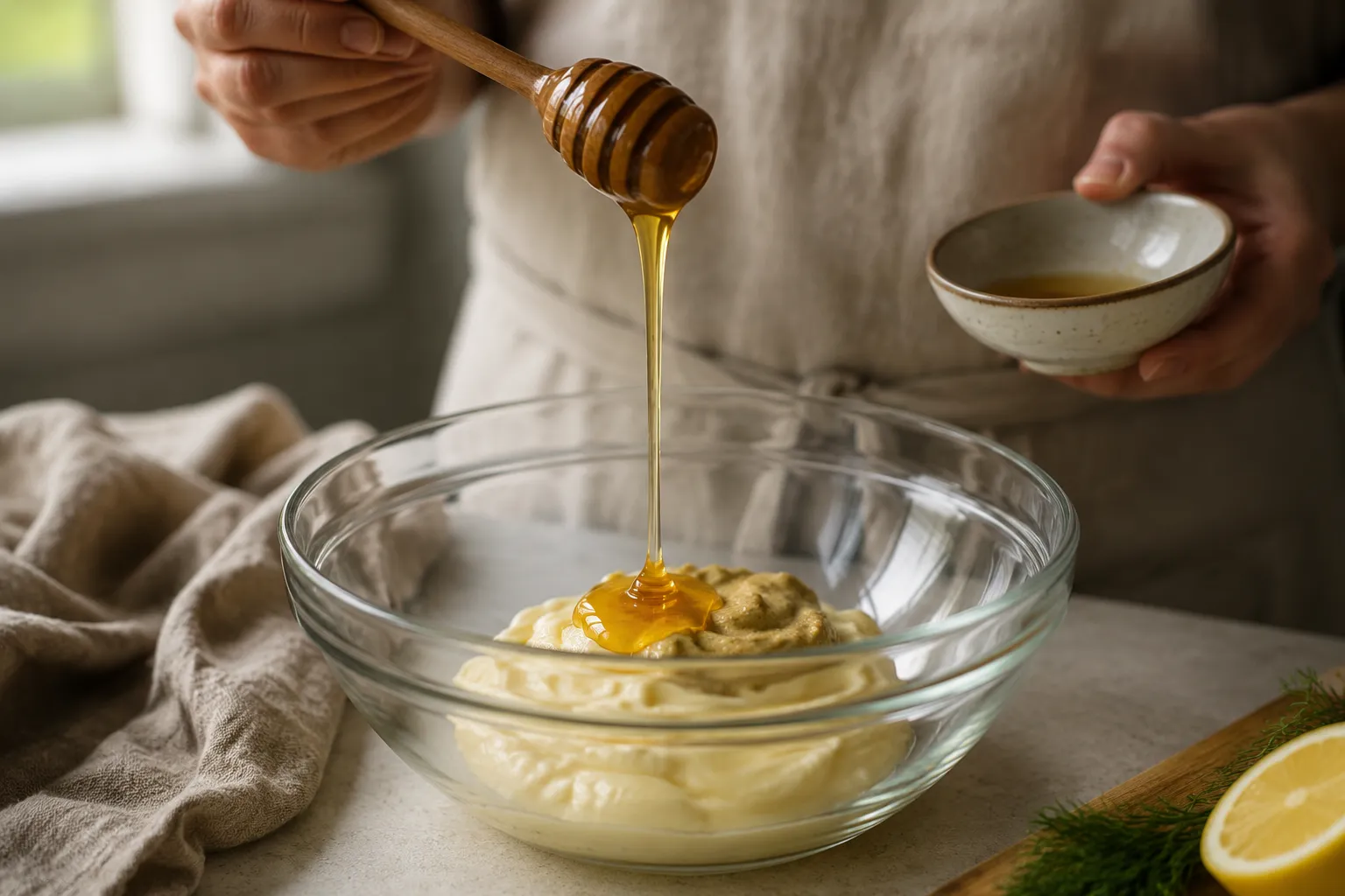 Pouring honey into mustard and mayo to make honey mustard sauce