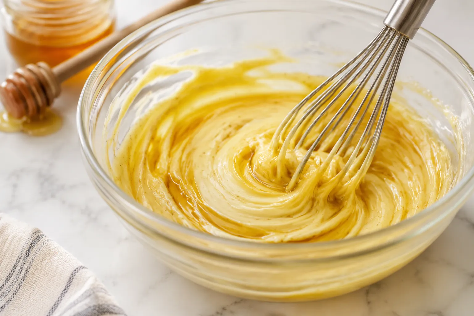 Whisking homemade honey mustard until smooth and creamy