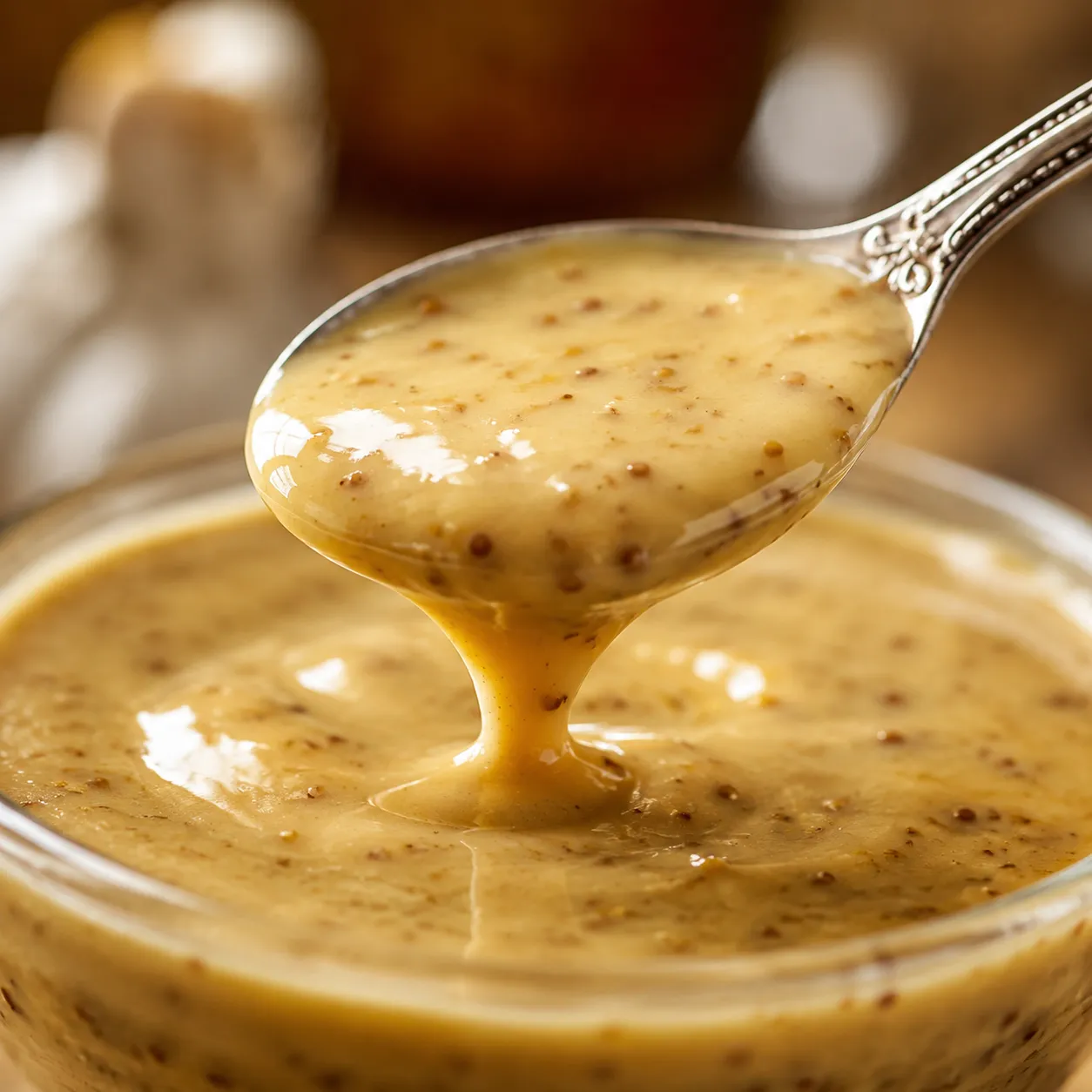 Close-up of creamy honey mustard recipe ribboning off a spoon
