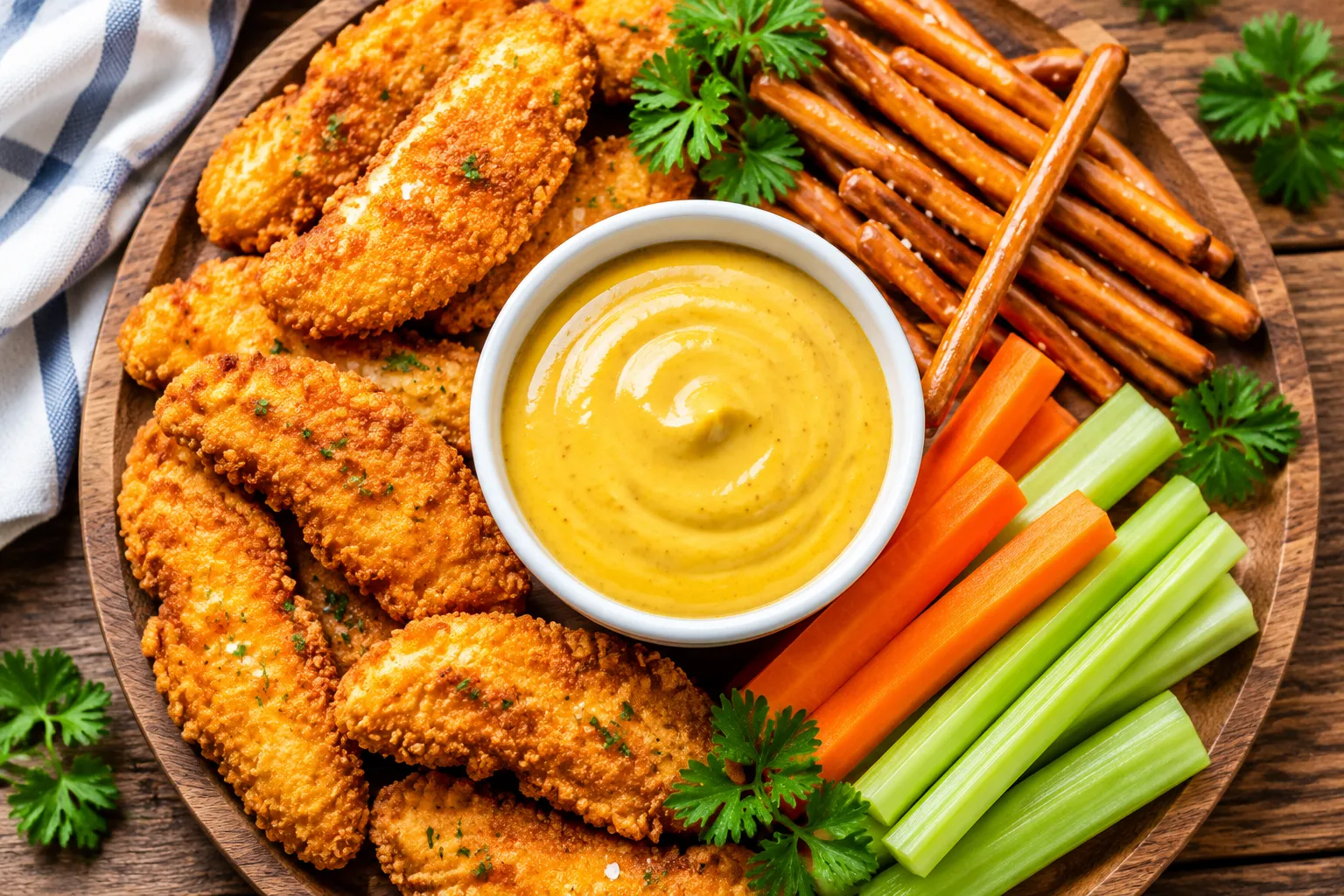 Honey mustard dipping sauce served with chicken tenders and pretzels