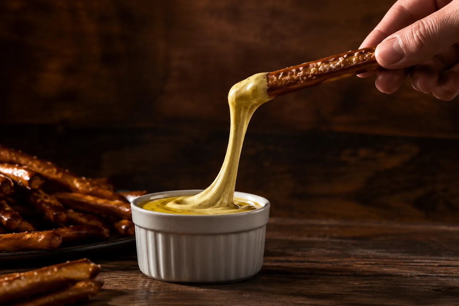 Pretzel rod dipped in homemade honey mustard sauce showing thick texture