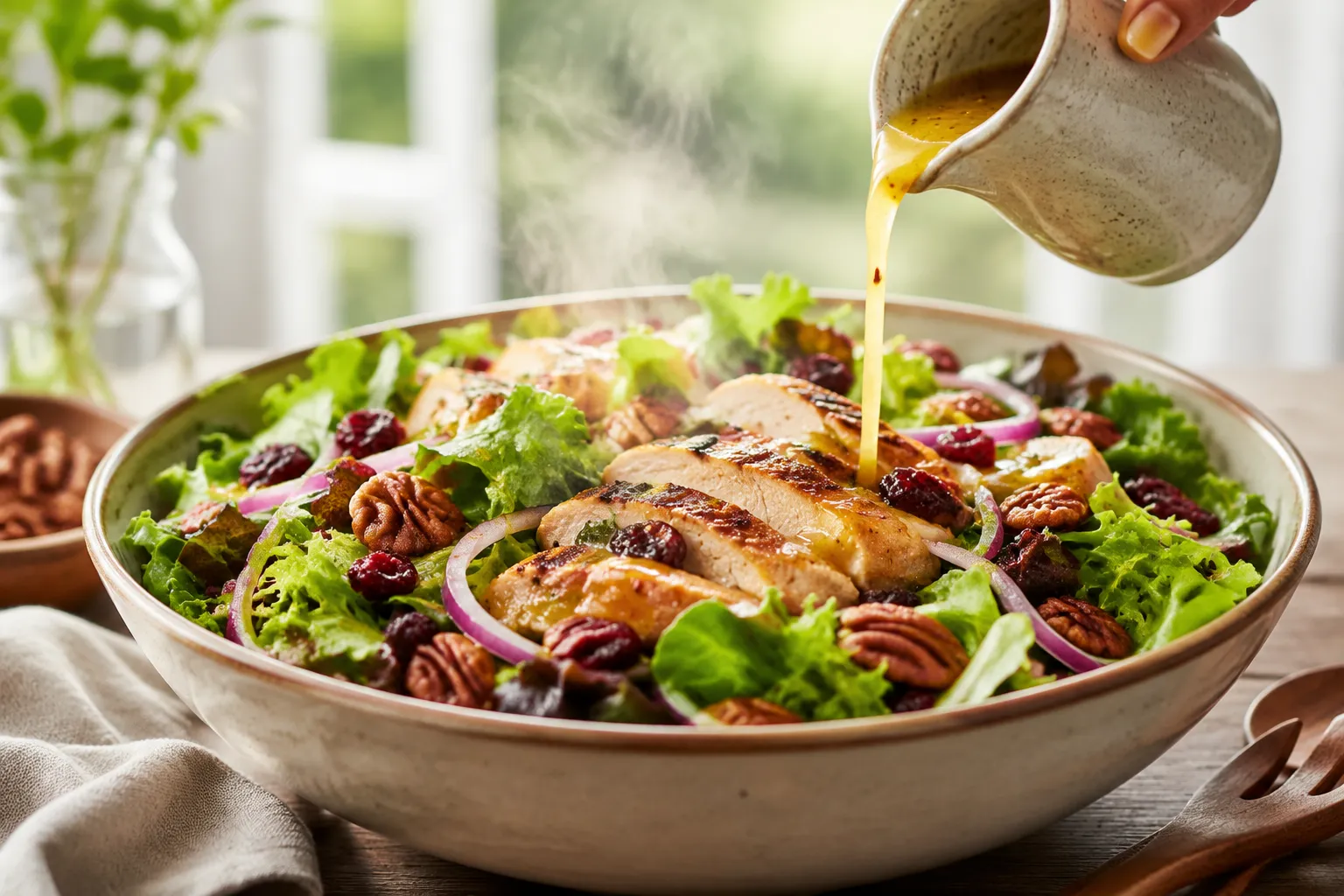 Honey mustard dressing recipe drizzled over a grilled chicken salad
