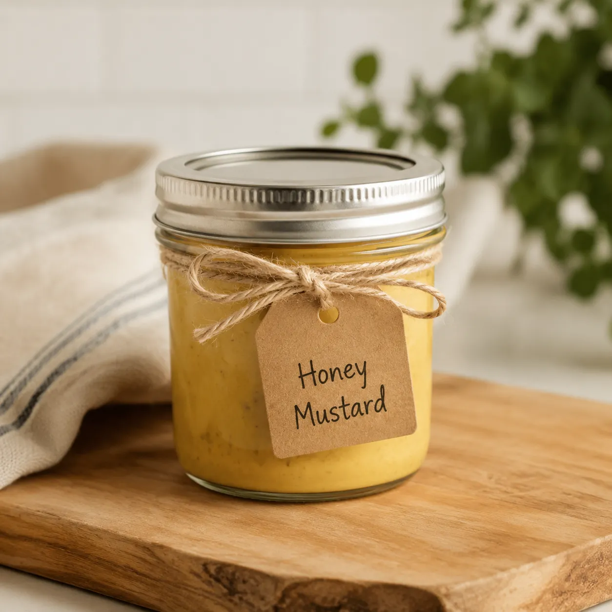 Homemade honey mustard stored in a mason jar in the refrigerator