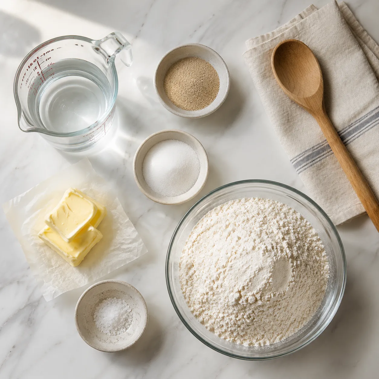 Bread maker recipe ingredients flatlay with bread flour, yeast, sugar, salt, and butter