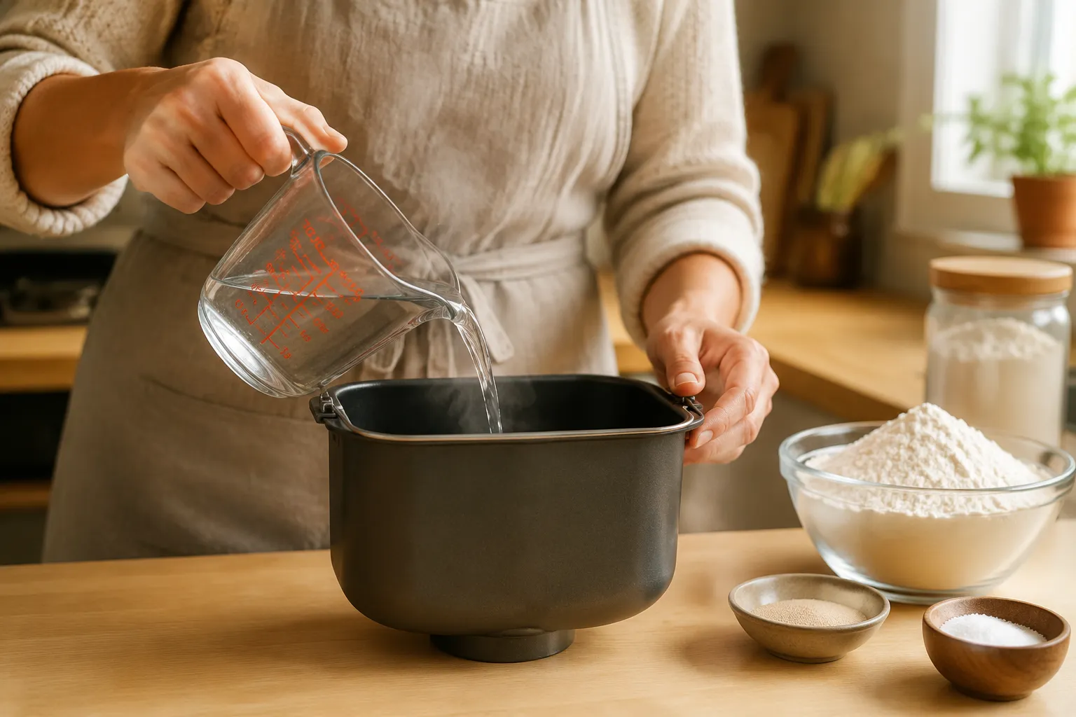 Adding warm water to the bread machine pan for an easy bread maker recipe