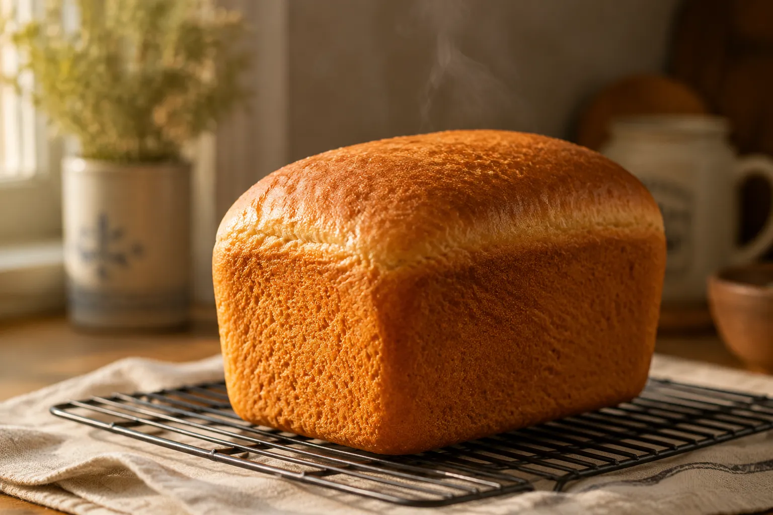 Finished homemade bread machine loaf cooling on a wire rack