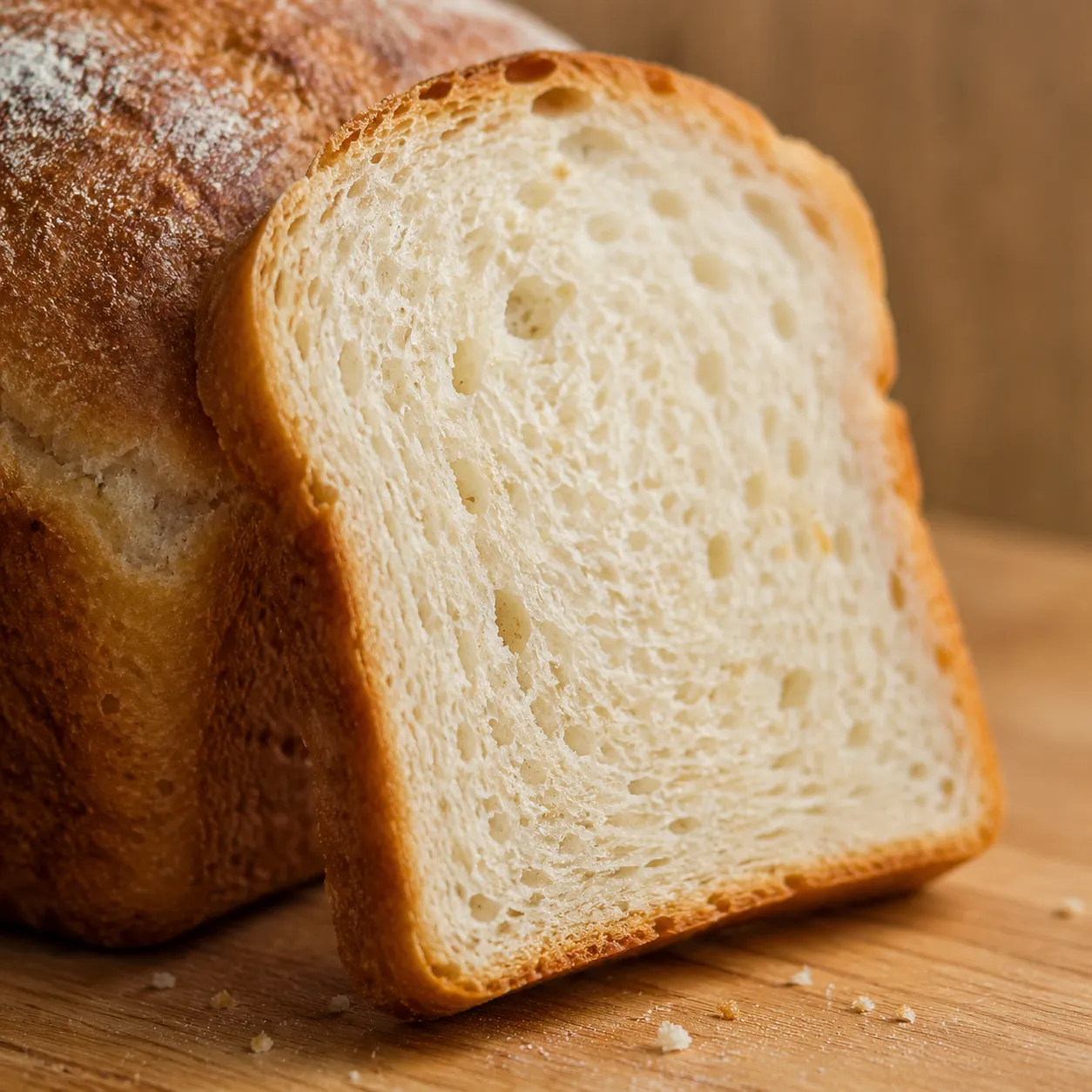 Soft airy crumb close-up of a homemade bread machine recipe loaf