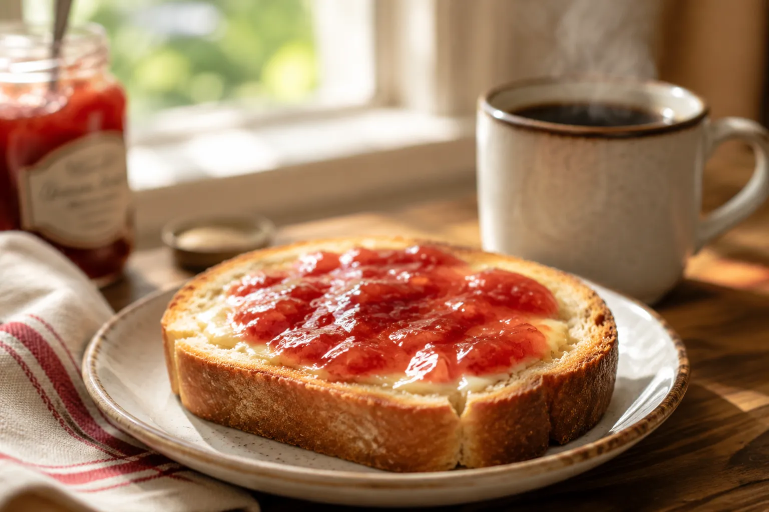 Slice of bread machine bread served with butter and jam for breakfast