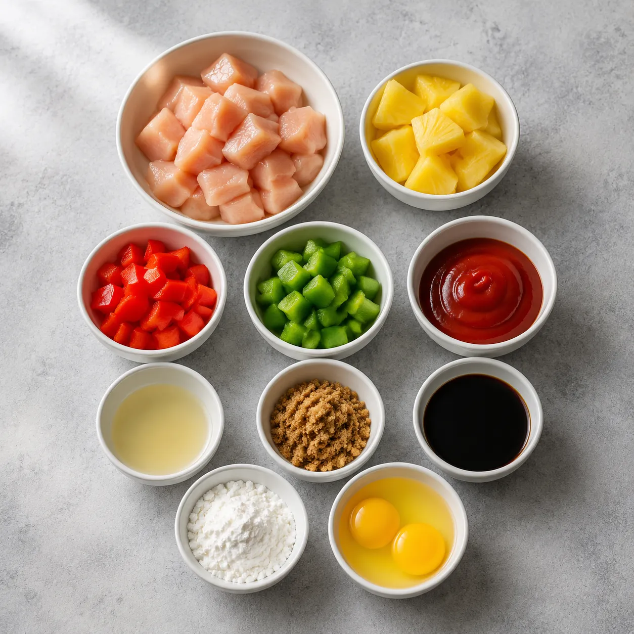 Sweet and sour chicken ingredients flatlay with pineapple, bell peppers, and homemade sauce components.
