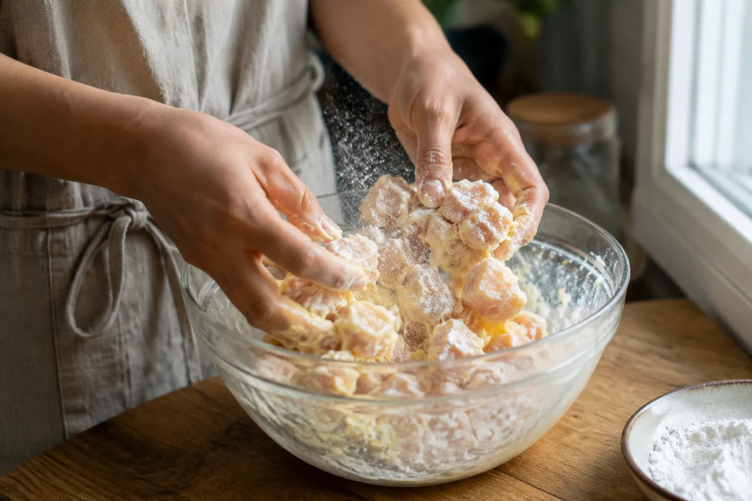 Coating cubed chicken in cornstarch and egg for crispy sweet and sour chicken.