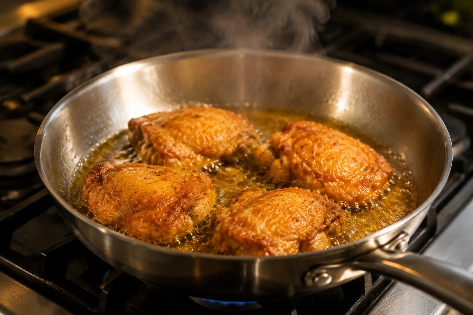 Pan frying crispy chicken pieces for sweet and sour chicken in a stainless steel skillet.
