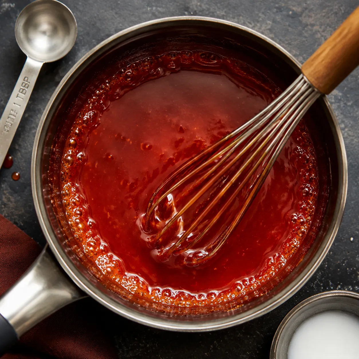 Homemade sweet and sour sauce simmering in a saucepan with a glossy red finish.