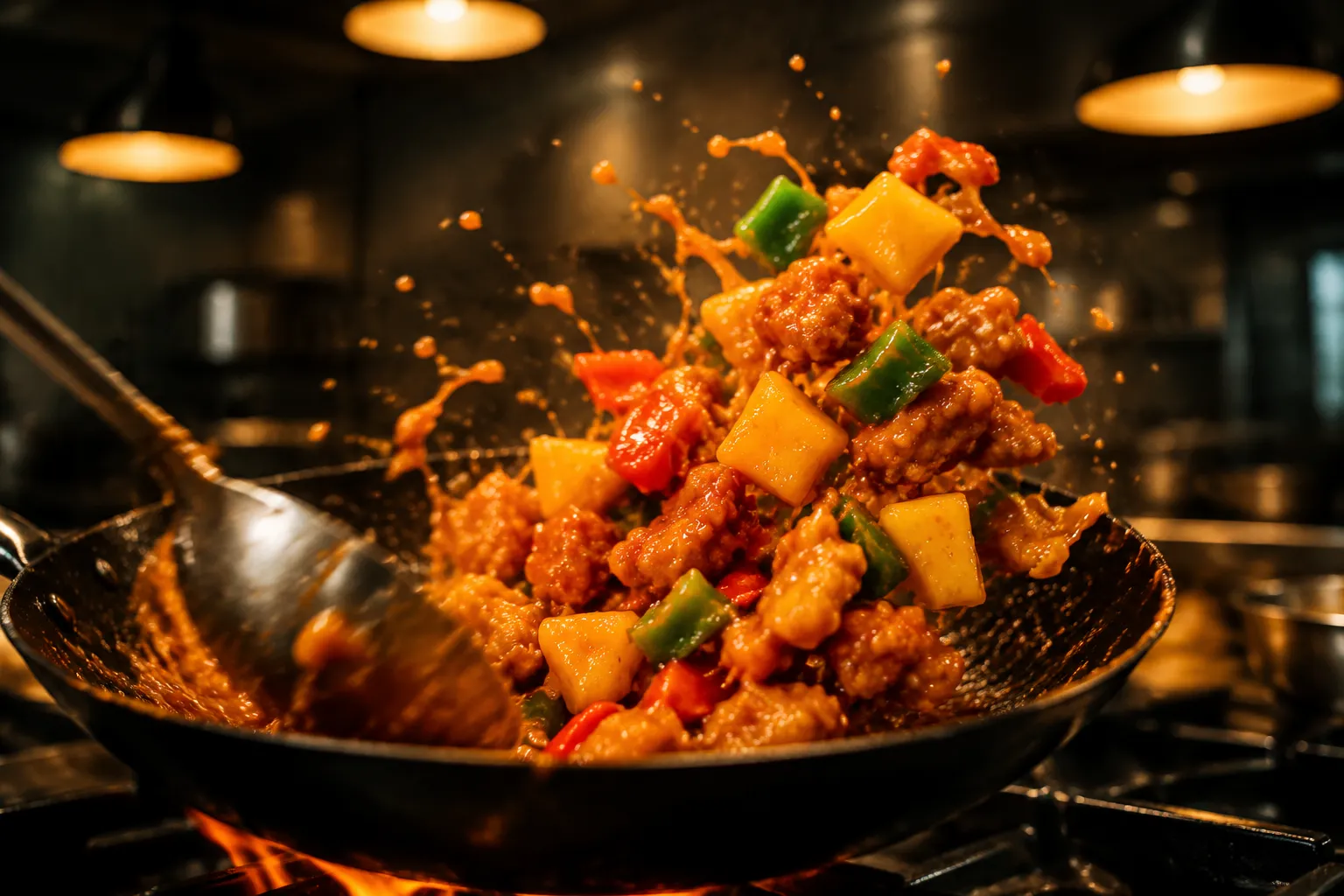 Tossing sweet n sour pineapple chicken with bell peppers in a wok.