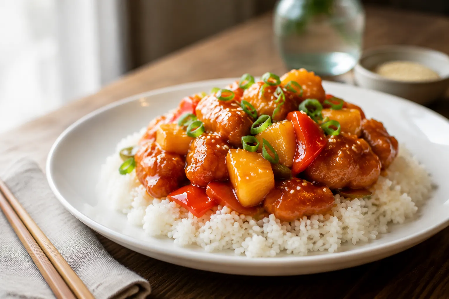 Plated sweet and sour chicken over jasmine rice with sesame seeds and green onion.