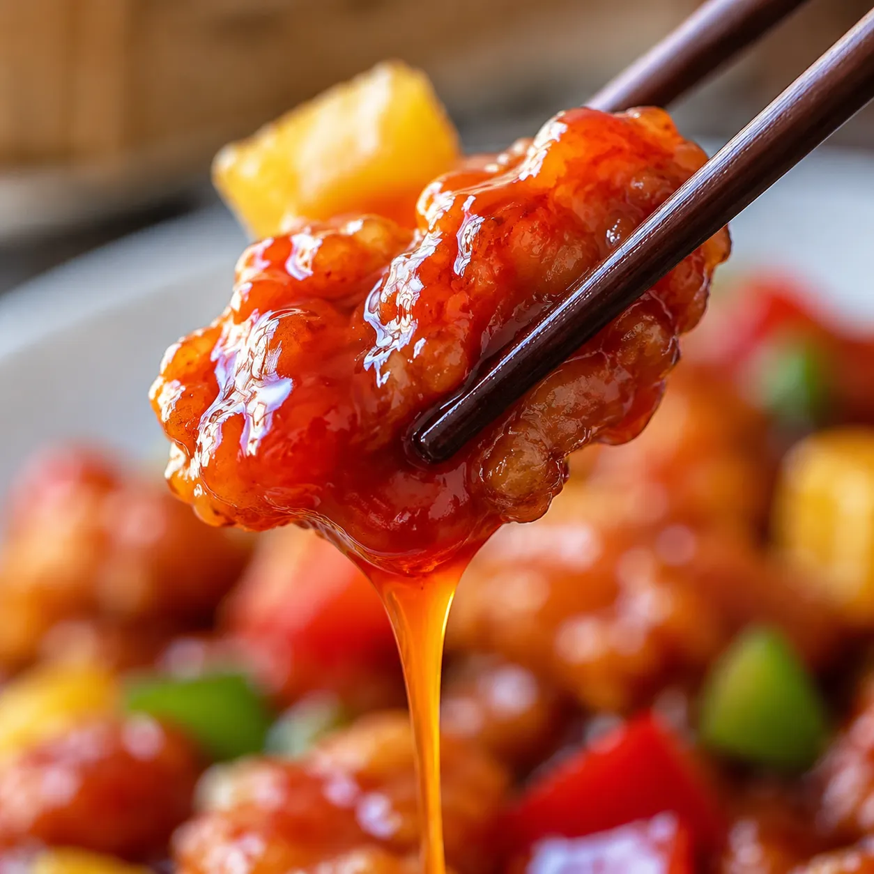 Close-up of crispy sweet and sour chicken piece dripping with glossy homemade sauce.