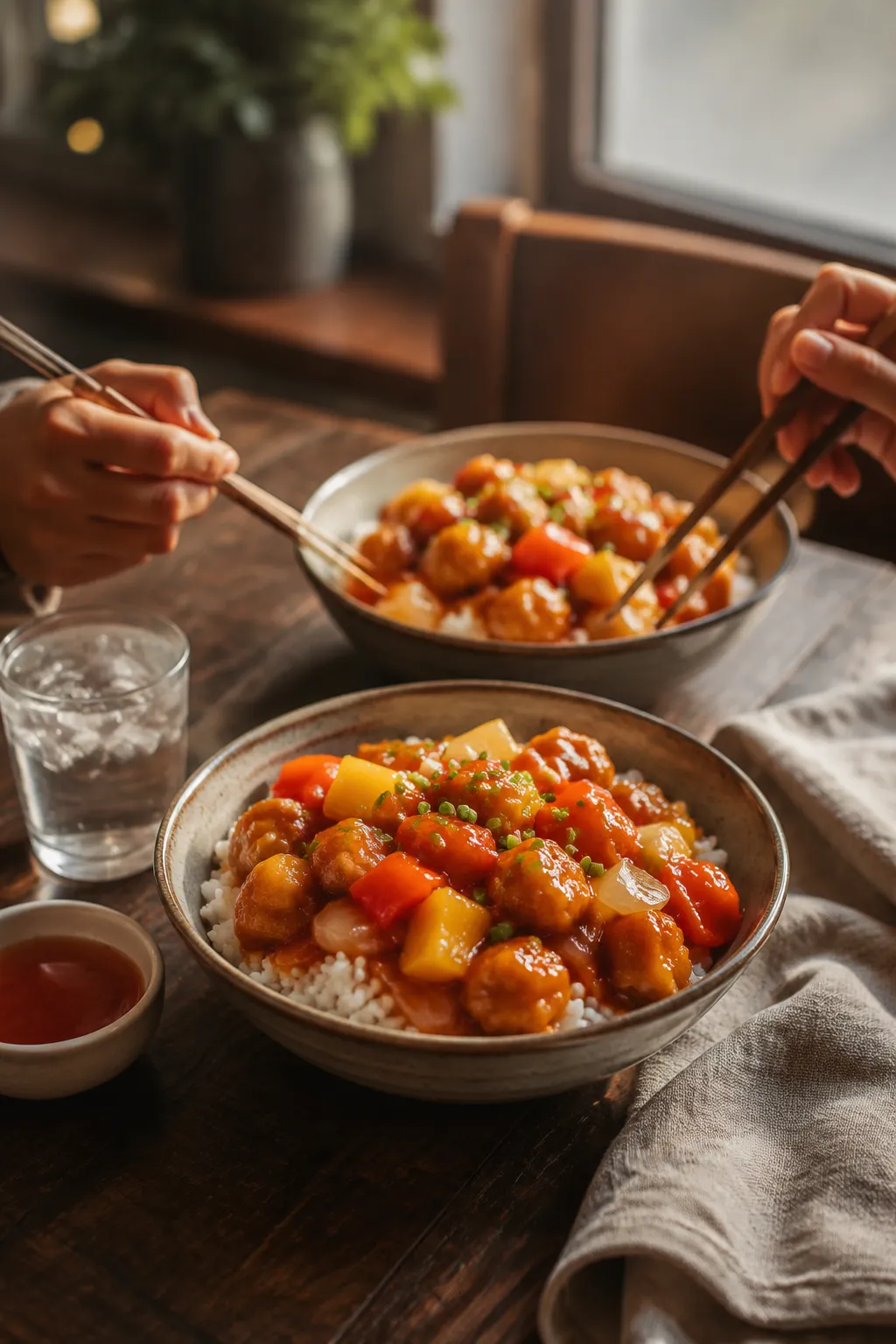 Two bowls of sweet and sour chicken served family-style at a weeknight dinner table.