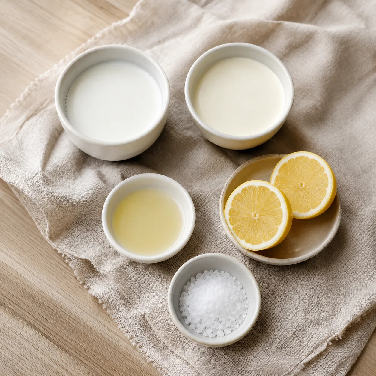 Cream cheese ingredients flatlay with milk, cream, lemon, and salt