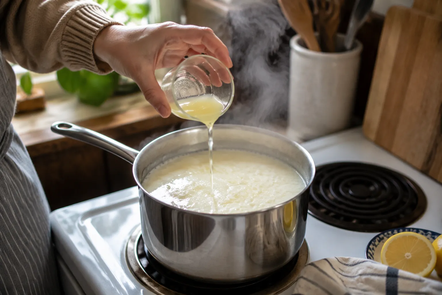 Adding lemon juice to warm milk to make homemade cream cheese