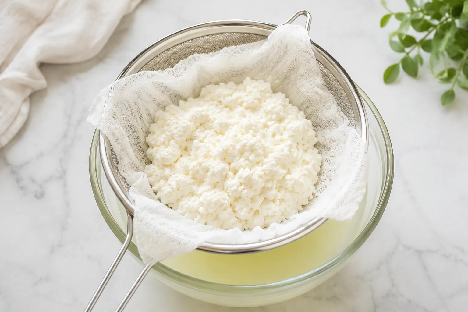 Straining curds through cheesecloth for homemade cream cheese