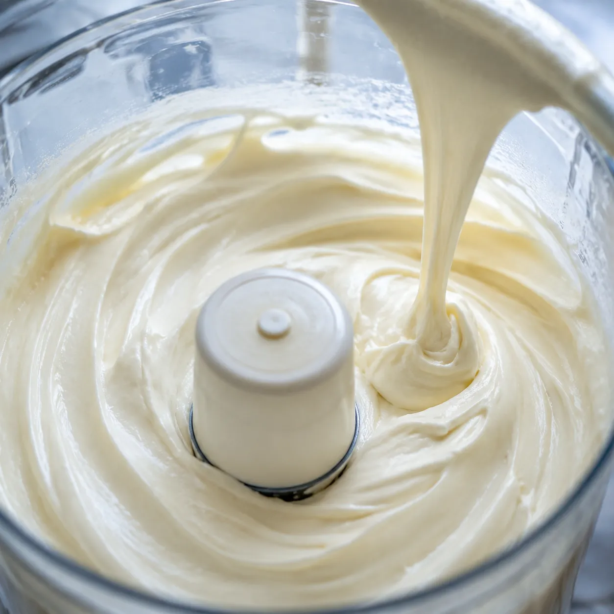 Whipping curds into silky cream cheese in a food processor