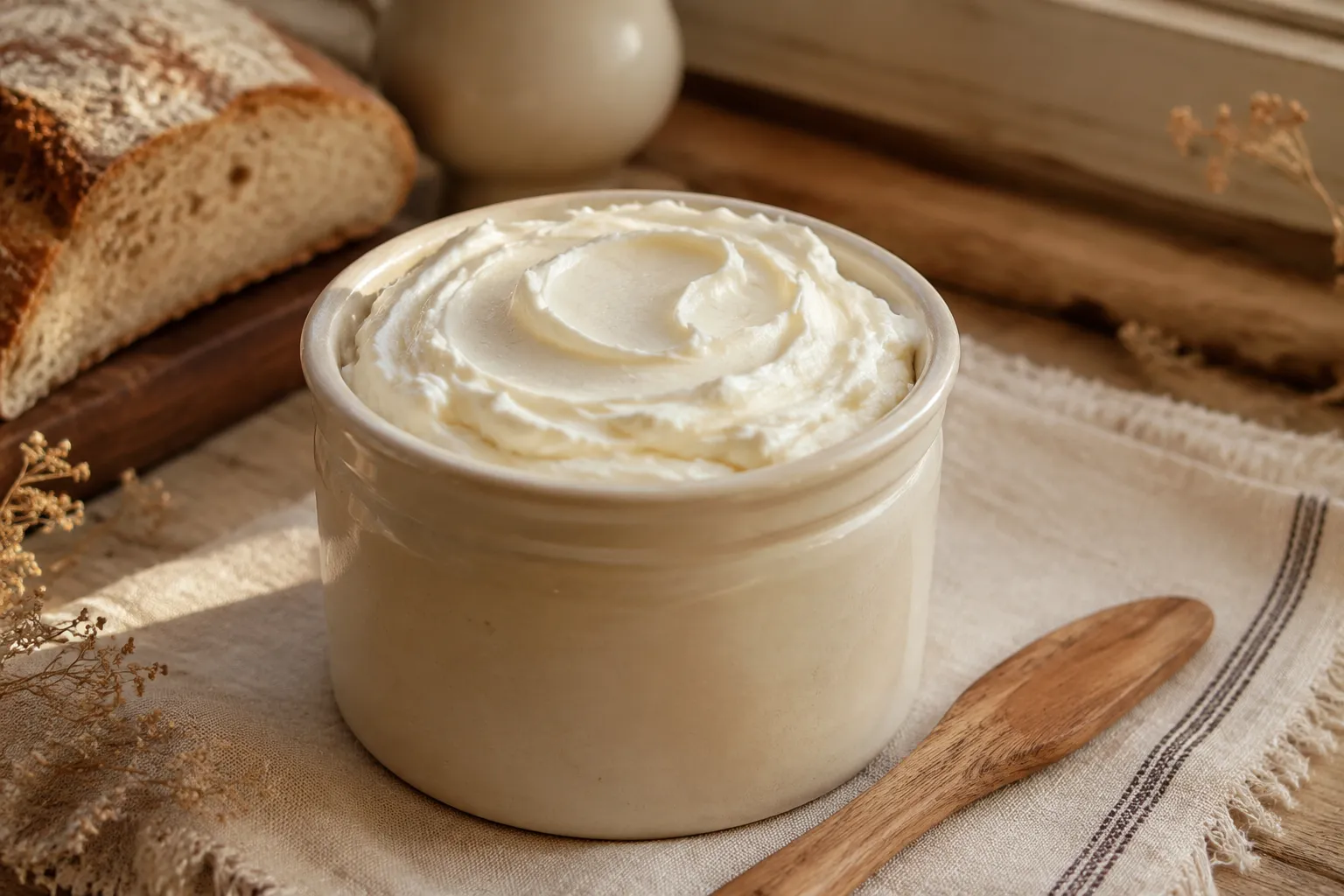 Homemade cream cheese in a ceramic crock with wooden spreader