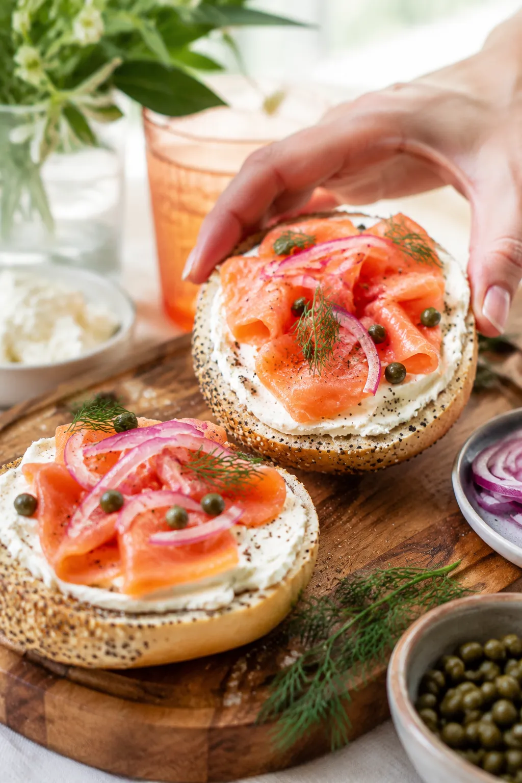 Cream cheese bagel board with smoked salmon and dill