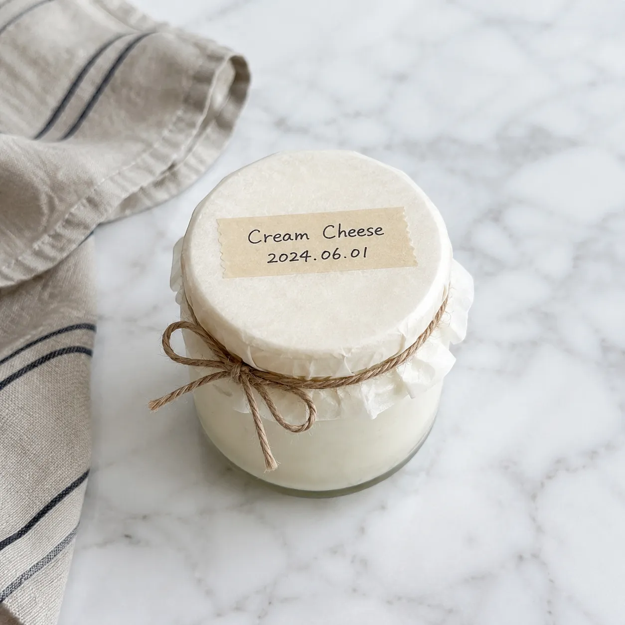 Homemade cream cheese stored in a labeled glass jar