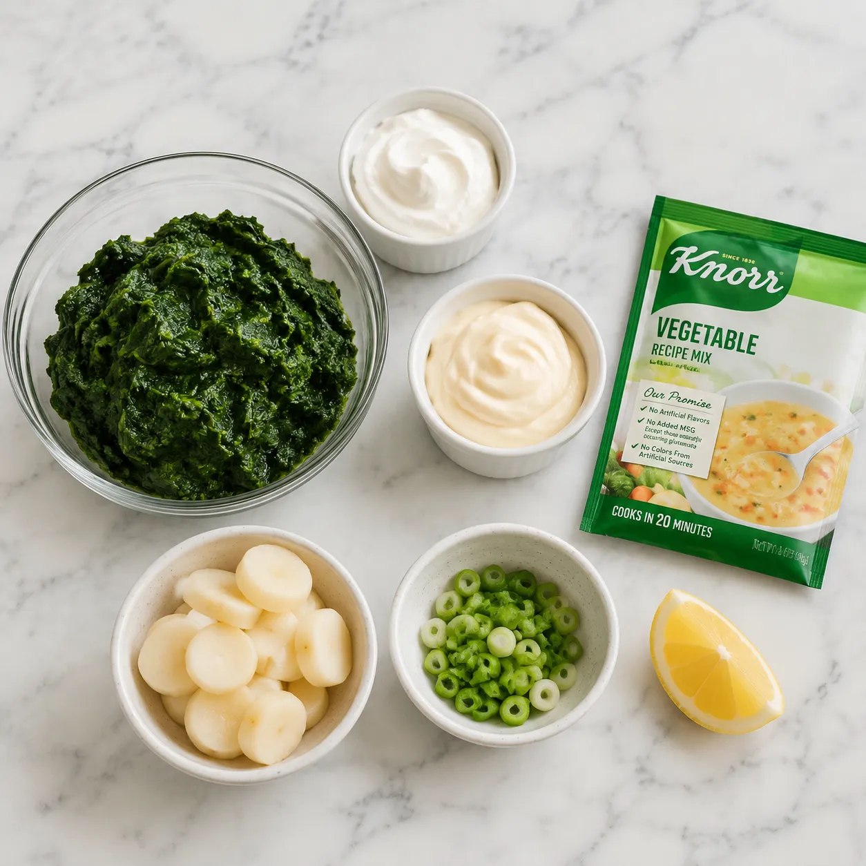 Spinach dip recipe ingredients flatlay with sour cream, mayo, and frozen spinach