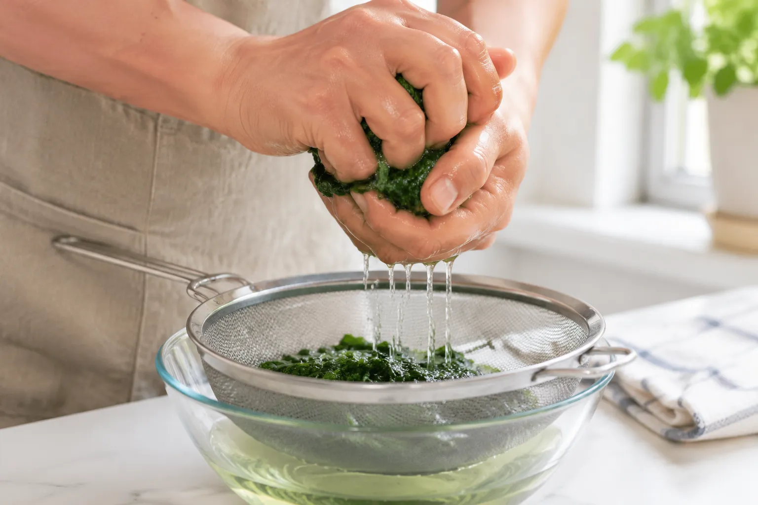 Squeezing water out of thawed frozen spinach for spinach dip recipe