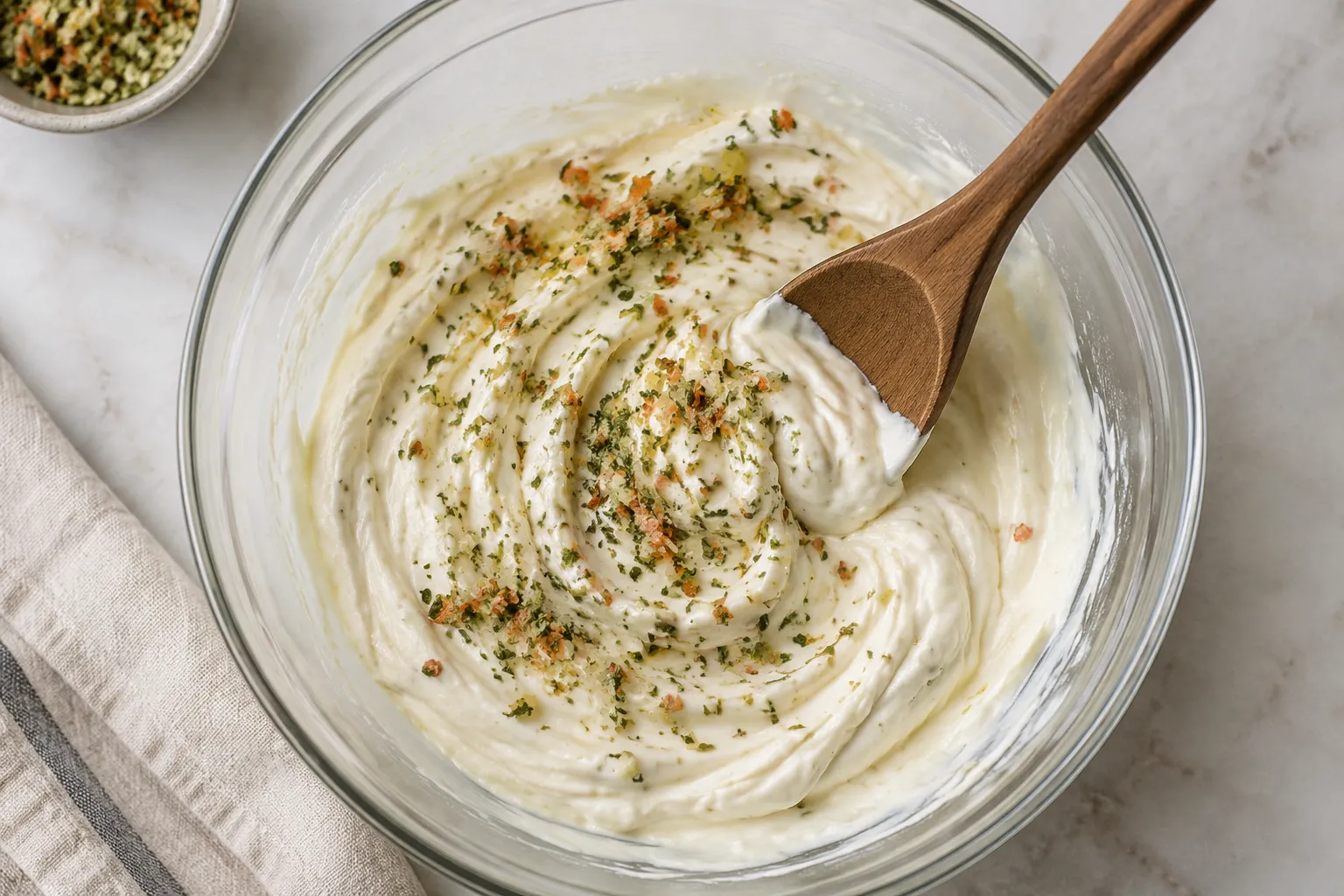 Mixing the creamy base for cold spinach dip in a glass bowl