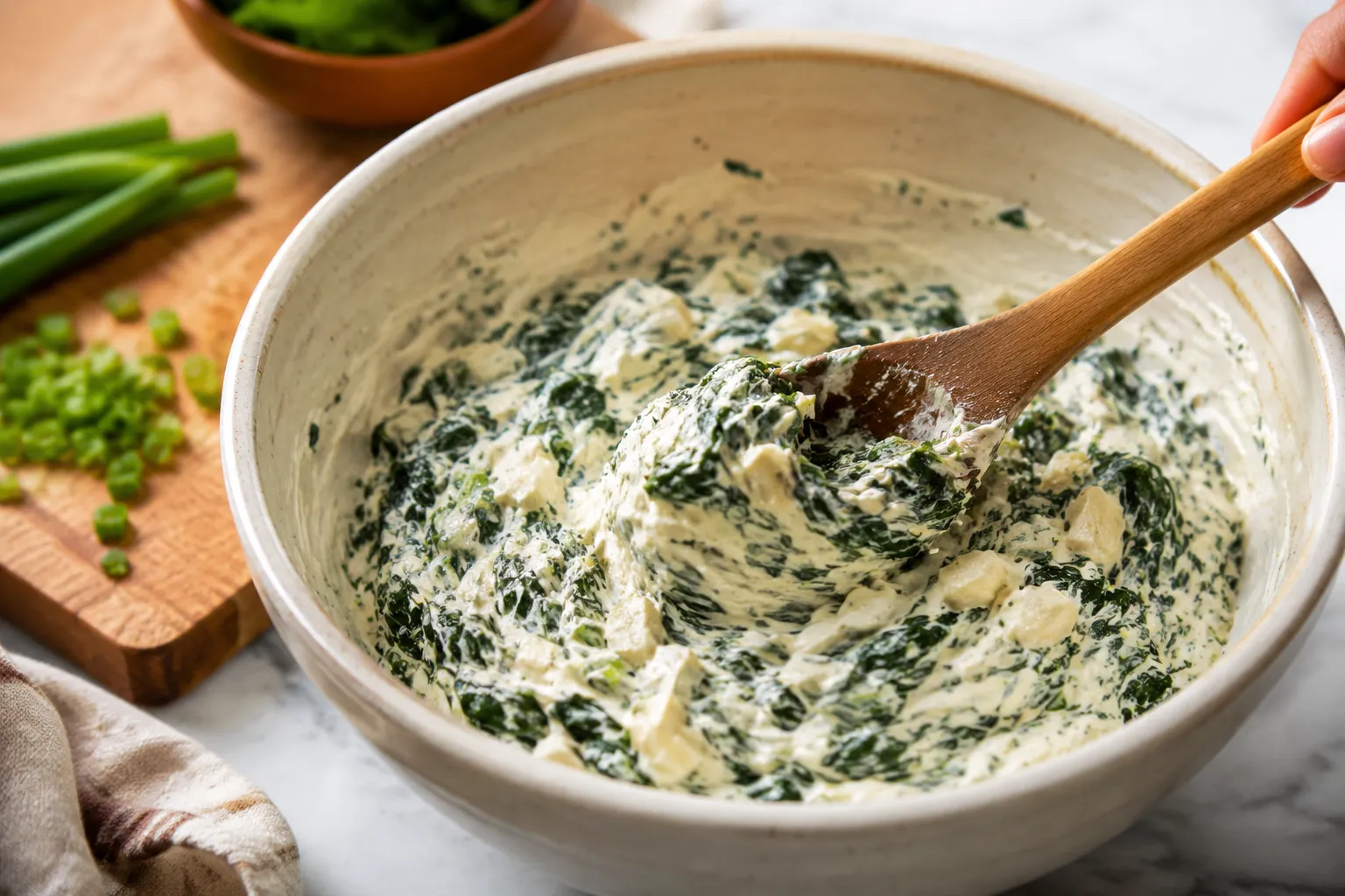 Folding spinach and water chestnuts into homemade spinach dip